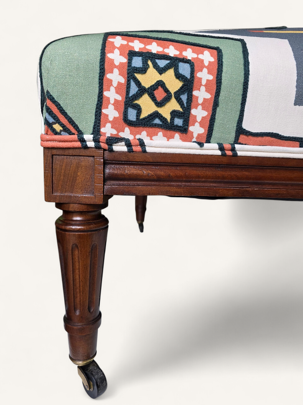 Thumbnail: Mid 20th century Walnut Ottoman on Brass Castors - Pierre Frey Embroidered texti