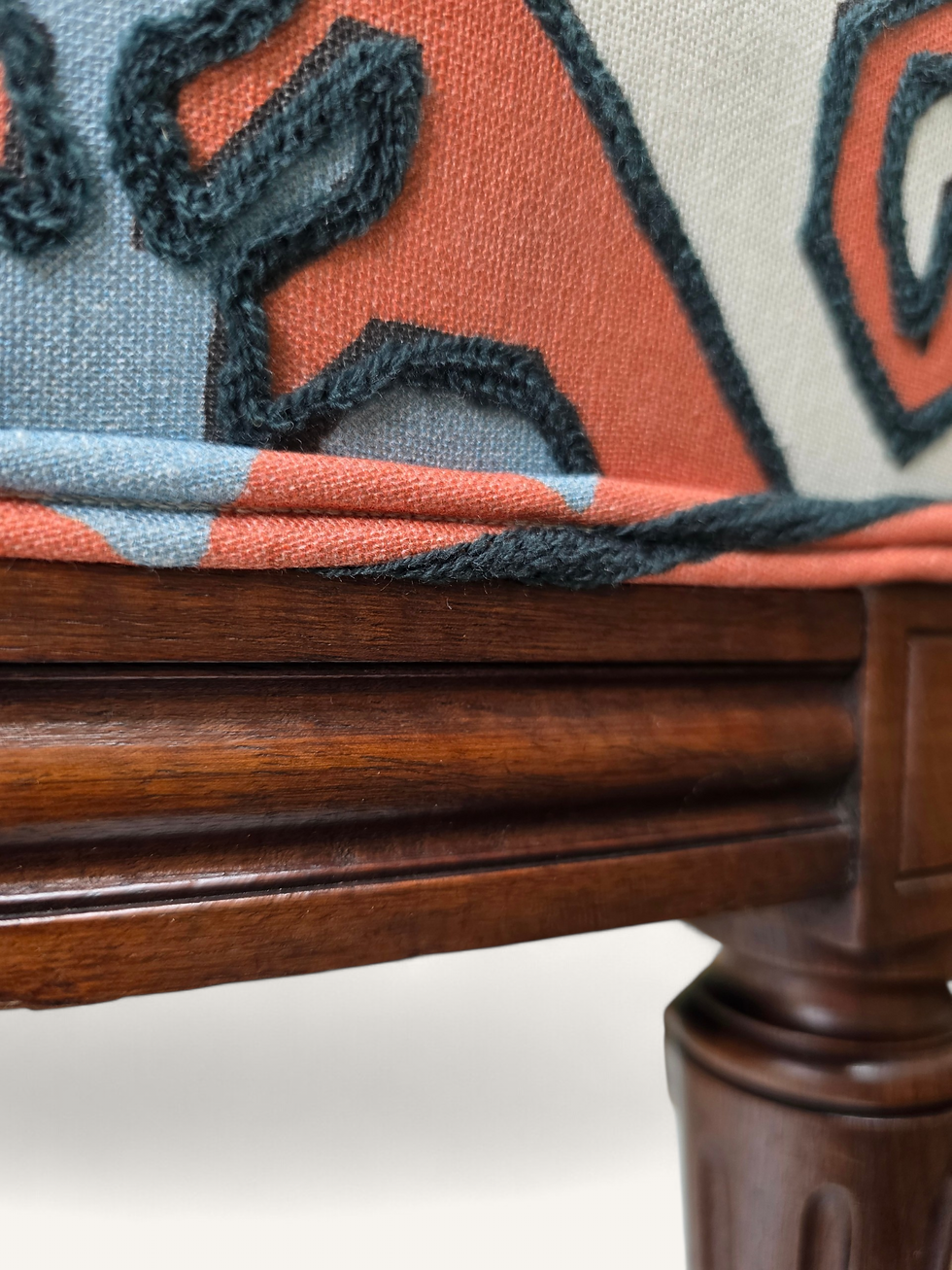 Thumbnail: Mid 20th century Walnut Ottoman on Brass Castors - Pierre Frey Embroidered texti