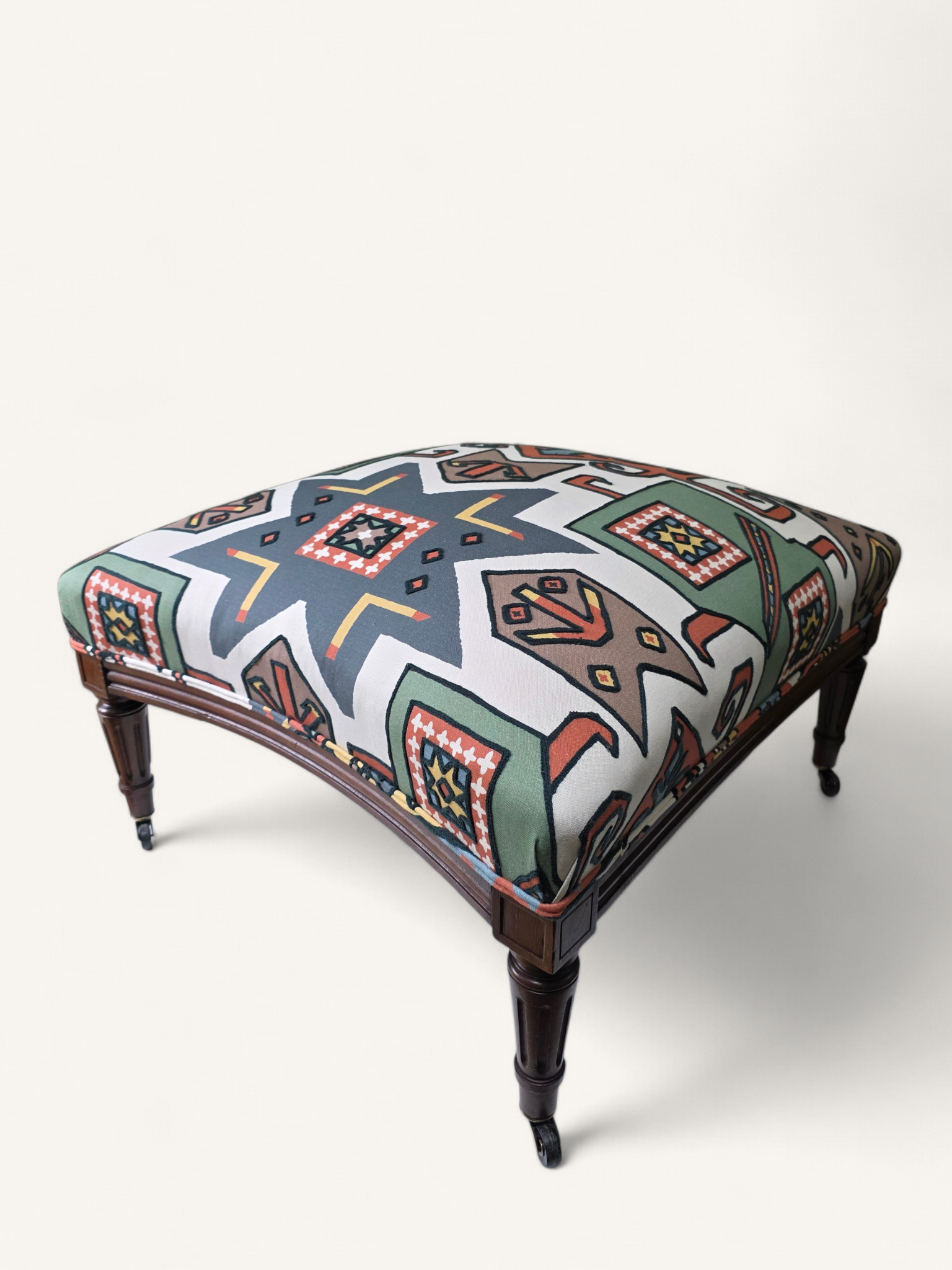 Mid 20th century Walnut Ottoman on Brass Castors - Pierre Frey Embroidered texti
