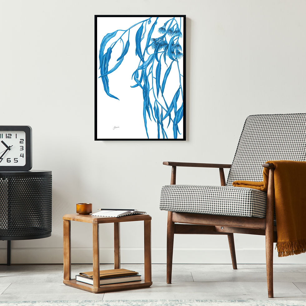Thumbnail: Navy Gum Leaf Flora 1 Living Art Print