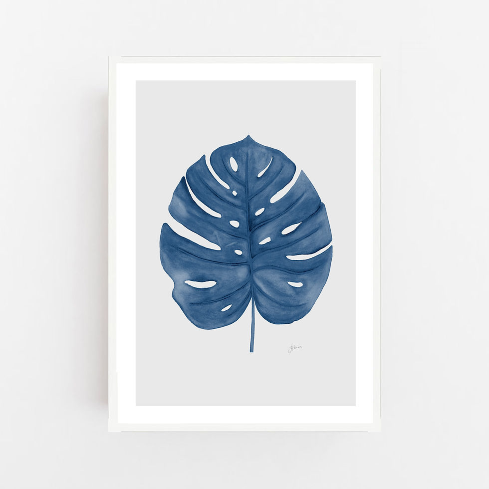 Thumbnail: Monstera Living Art Leaf in Navy Blue with Whisper Grey Fine Art Print | FRAMED