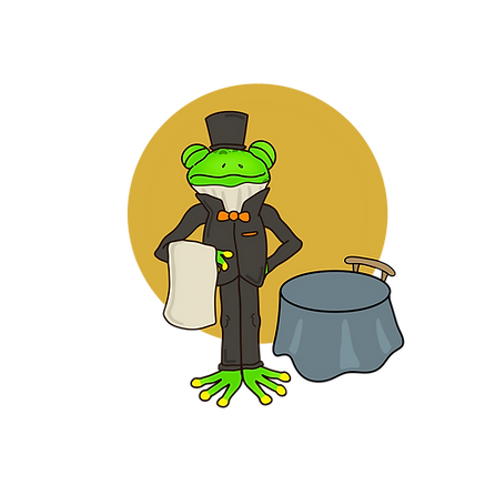 A frog in a top hat next to a table and chair, tablecloth, with a cloth draped over his arm