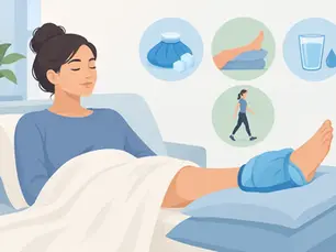 Woman resting in bed with ice pack on her ankle, with icons for icing, elevating, drinking water, and walking in the background