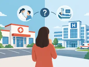 Woman stands between a hospital and an urgent care, thinking about care options, with doctor-patient and hospital-bed icons above and an ambulance nearby