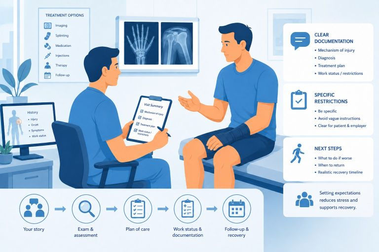 Doctor and patient discuss a wrist injury in a clinic, with x-rays, treatment options, visit summary, and recovery steps.