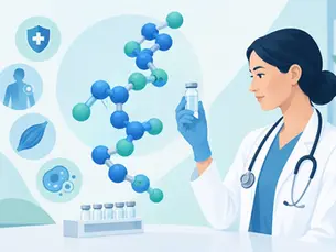 Female doctor in lab coat and gloves holds a vial beside a blue-green molecule, with medical icons and sample vials in a calm lab scene