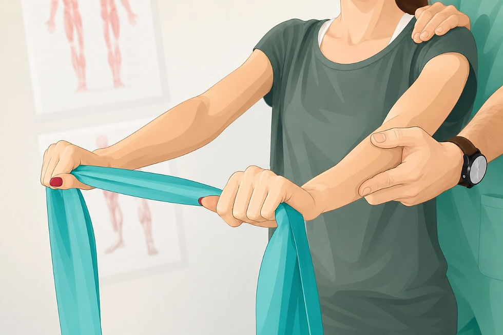 Woman in teal exercise band receives occupational therapy support in a clinic, with hands guiding her arms during a stretch.