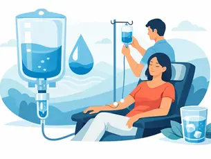 Man adjusts IV drip for seated woman in a blue clinic scene, with a water droplet icon and a glass of water beside her.
