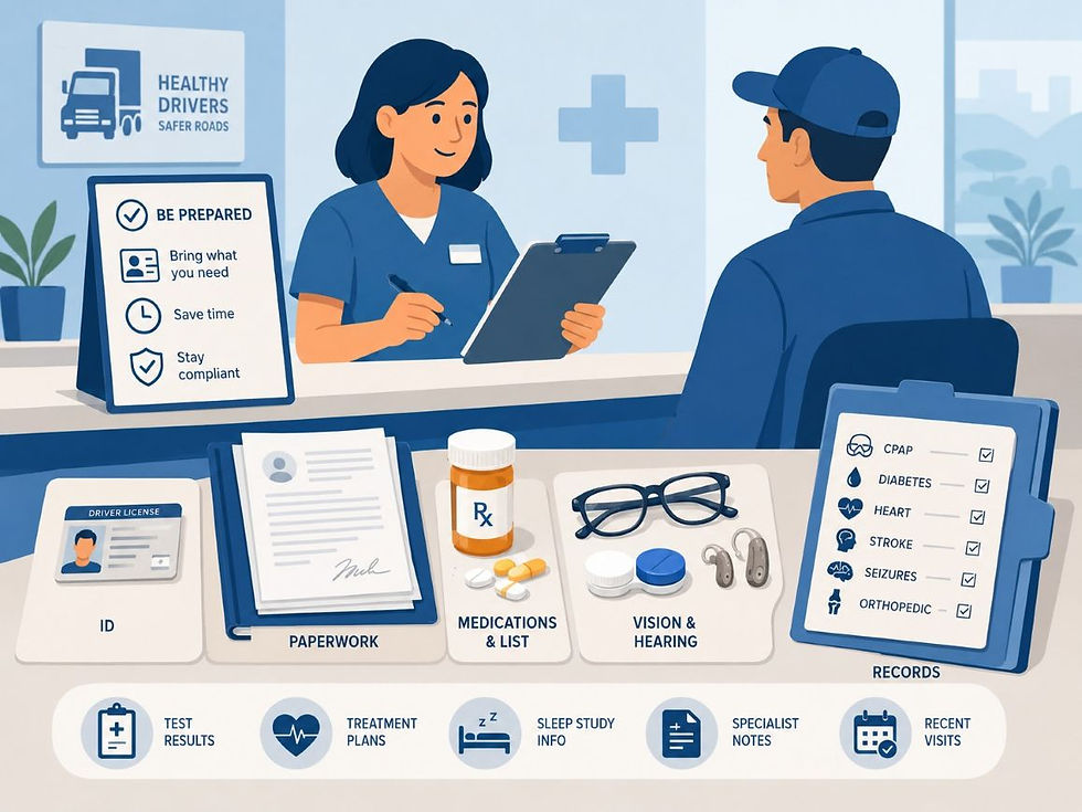 Clinic staff reviews a driver’s ID, meds, vision and records at a DOT physical check-in, with forms and checklists.