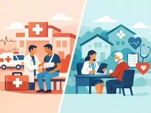 Split healthcare scene: doctor treats patient by ambulance at hospital, and a doctor consults an elderly man at home with heart icons