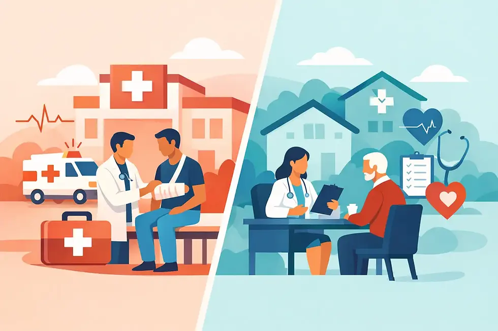 Split healthcare scene: doctor treats patient by ambulance at hospital, and a doctor consults an elderly man at home with heart icons