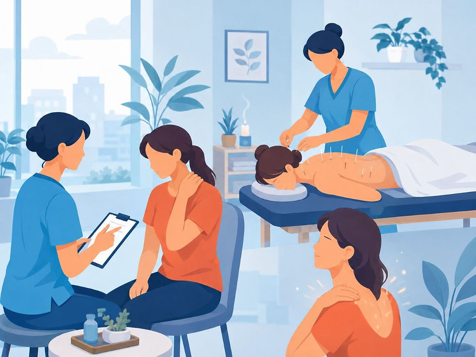 Acupuncture clinic scene with a patient on a treatment table, a practitioner taking notes, and another woman holding her shoulder in pain