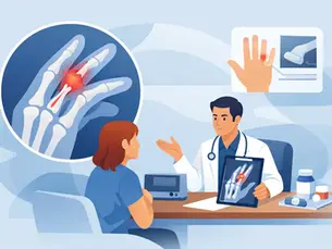 Doctor explains trigger finger to a patient in a bright blue clinic, gesturing at the injury scan.