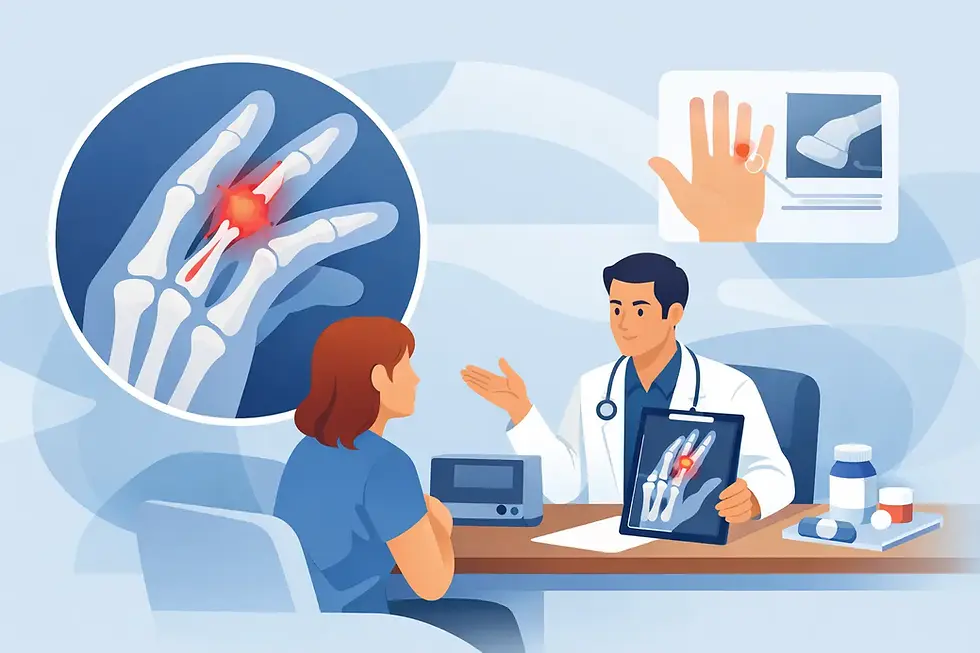 Doctor explains trigger finger to a patient in a bright blue clinic, gesturing at the injury scan.