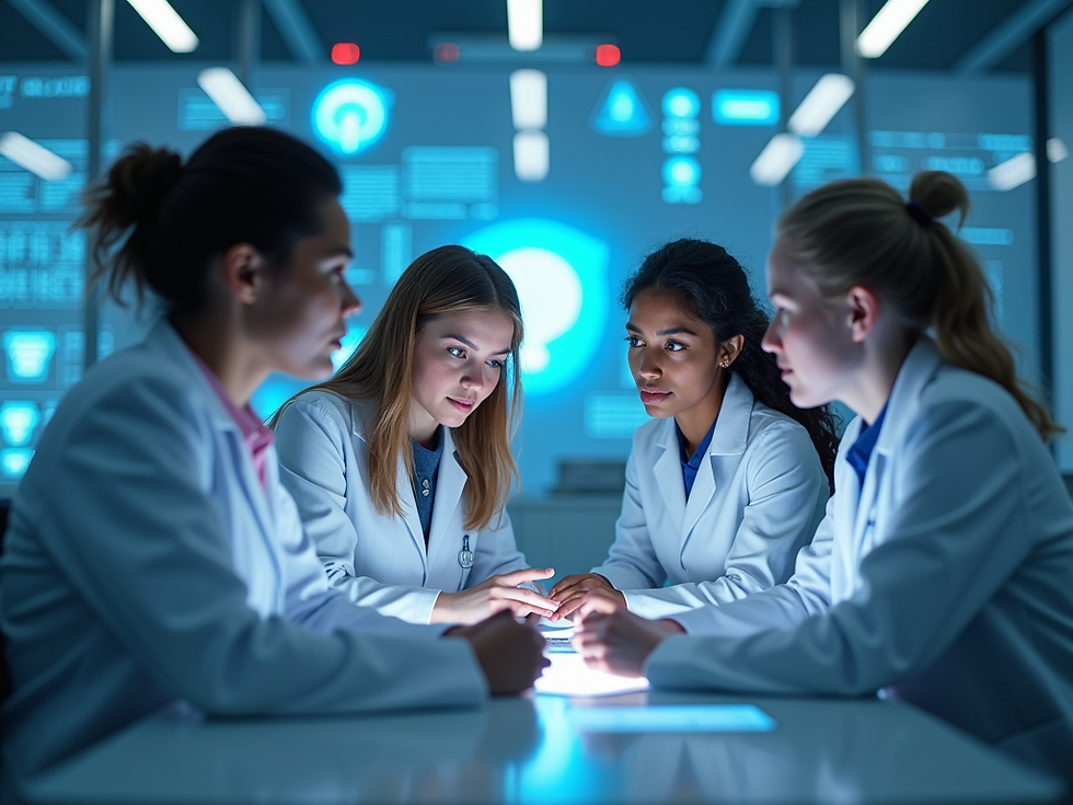 A team of diverse female doctors in deep thought in a lab with a holographic board