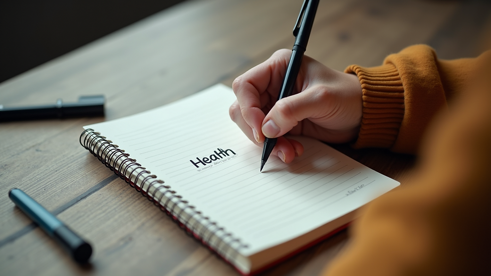 High angle view of a person writing health goals in a journal