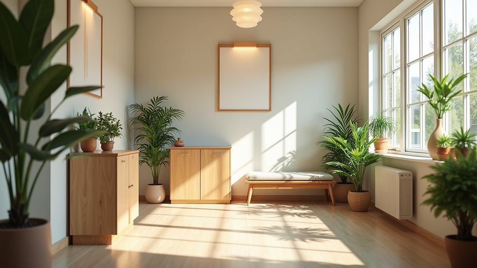 Eye-level view of a cozy wellness clinic room with plants and natural light