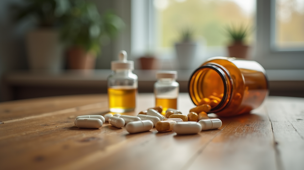 Close-up view of hormone therapy medication and supplements on a wooden table