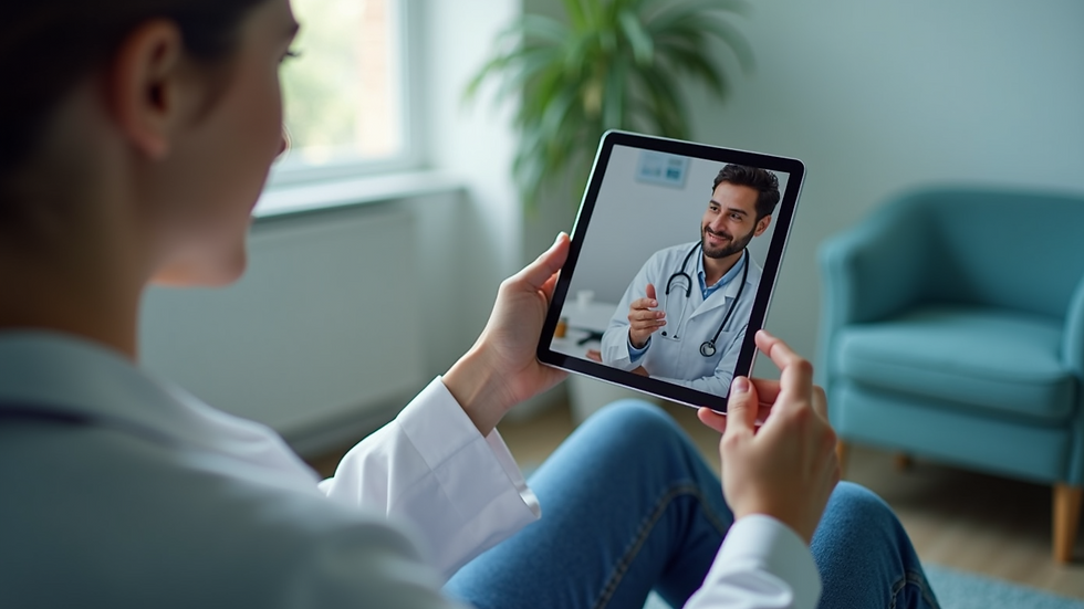 Eye-level view of a person using a tablet for a telehealth appointment