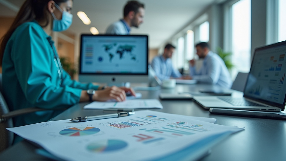 High angle view of a healthcare office with digital devices and business charts