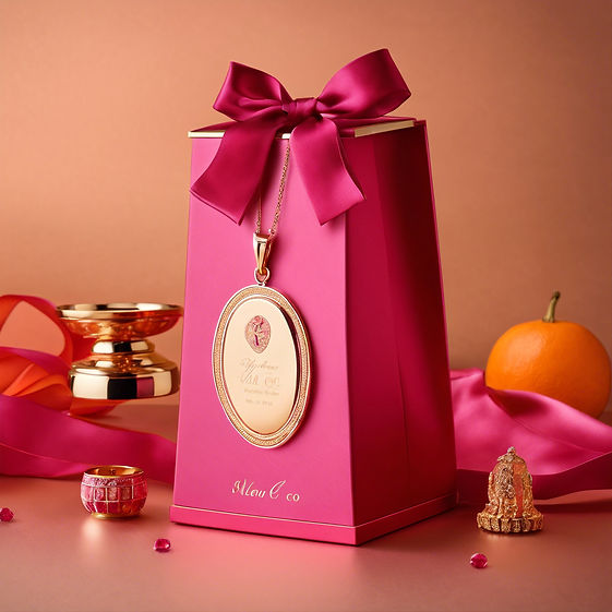 Pinkish Ruby colored trimmed box with luxurious orange tones with name elegant name of VAL
