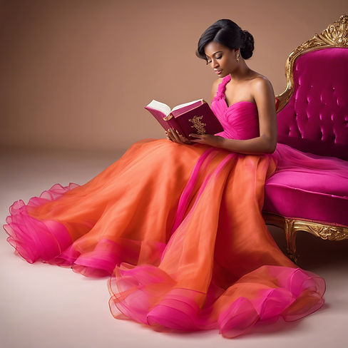 A beautiful woman wearing a fuchsia and luxurious orange organza gown reading the bible.jp