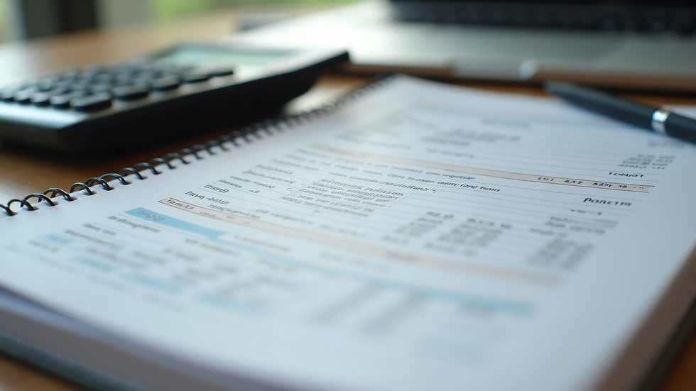 Close-up view of a notebook with financial notes and calculator