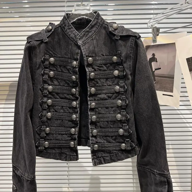 Thumbnail: Punk Style Black Stand Up Collar Denim Jackets