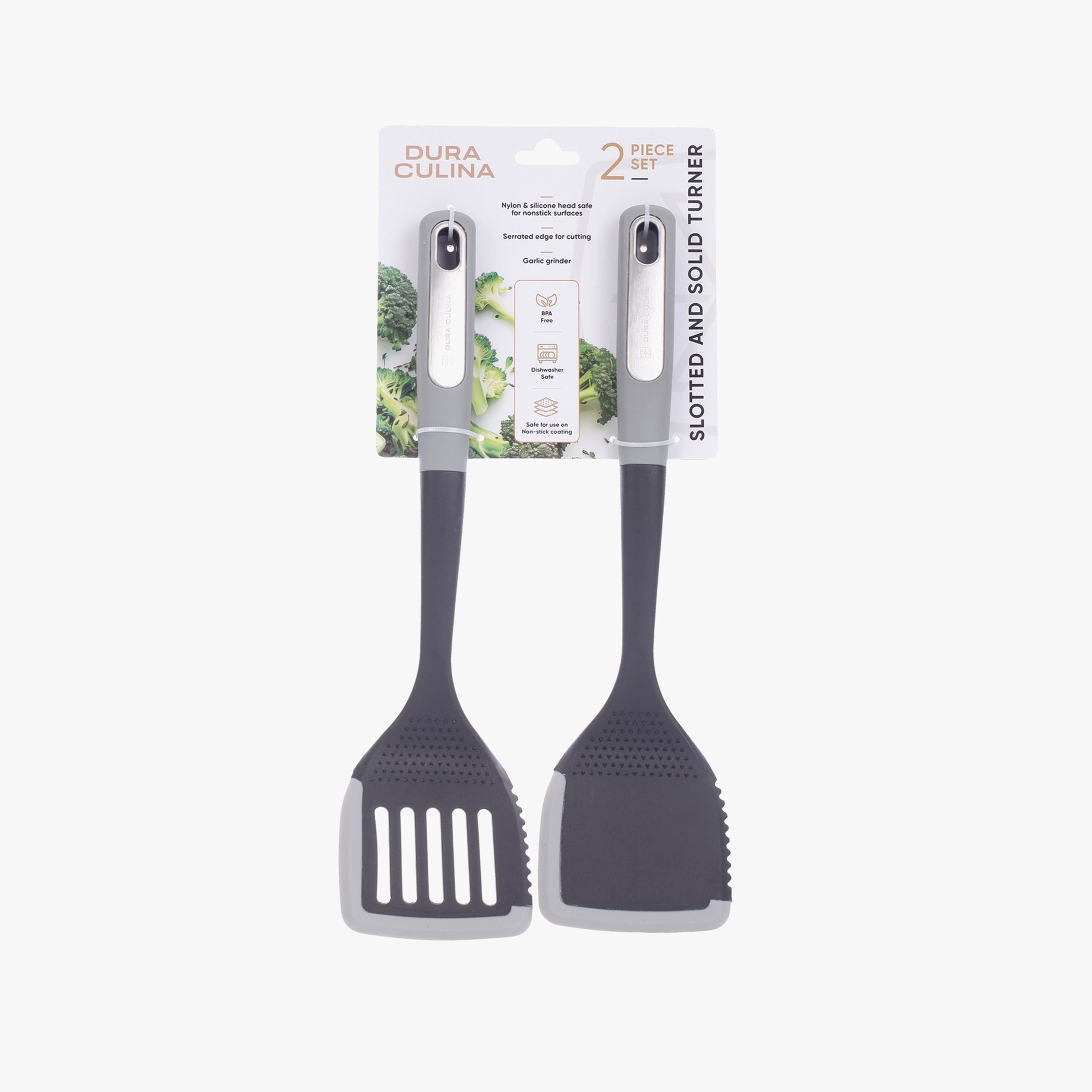 2-Piece Nylon Turner Set - Slotted & Solid Turner With Silicone Edge