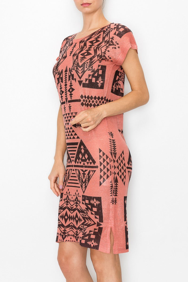 Thumbnail: Short Sleeve Aztec Print Dress - Coral