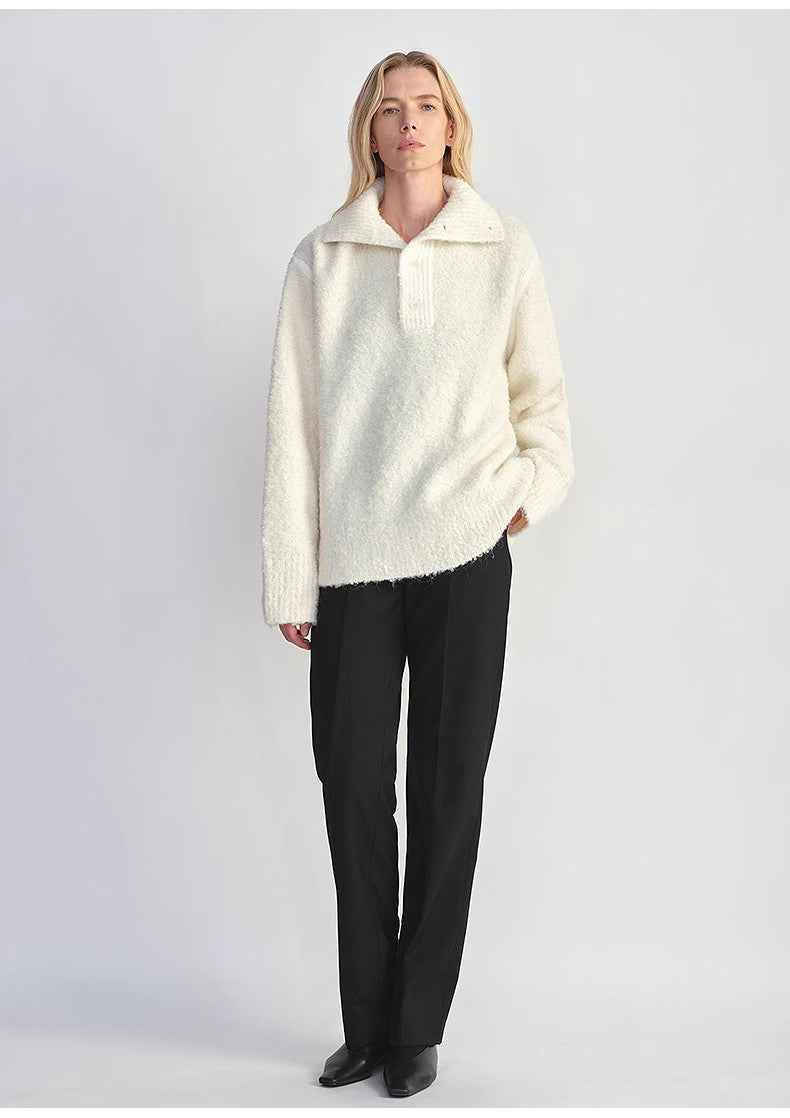 Thumbnail: Alpaca Wool Blended Bouclé Yarn Spliced POLO Shirt Lazy and Relaxed Sweater