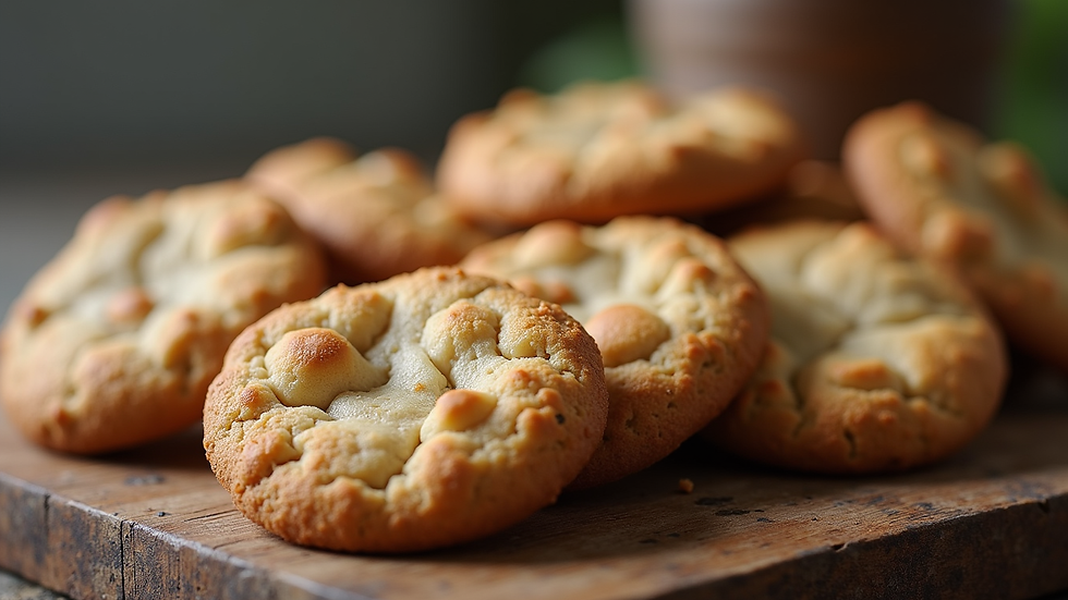 Close-up view of freshly baked cookies arranged on a rustic wooden table