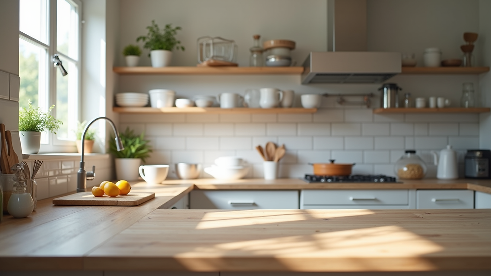 Eye-level view of a clean and organized home kitchen baking station
