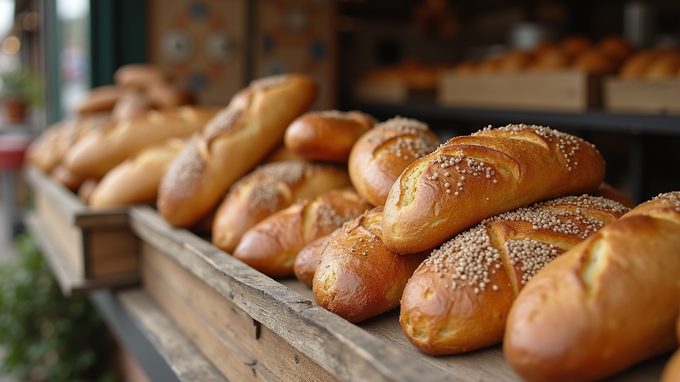 Close-up view of a rustic display of homemade baked goods at a local market