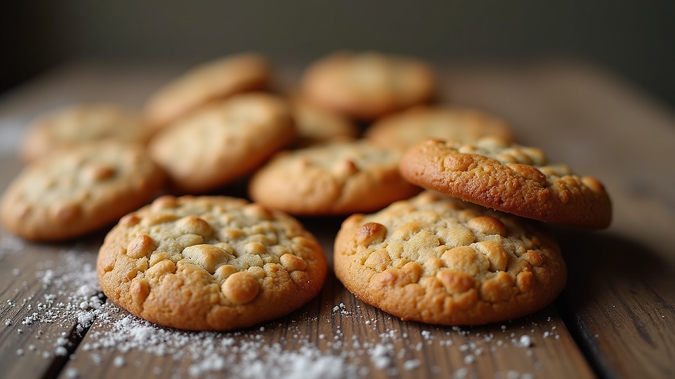 Close-up view of freshly baked cookies arranged on a rustic wooden table