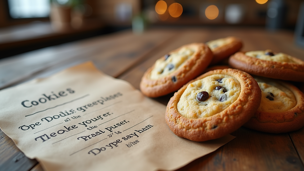Eye-level view of a rustic wooden table with freshly baked cookies and a handwritten menu