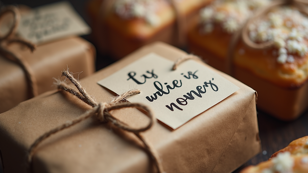 Close-up view of natural packaging with twine and handwritten note on baked goods