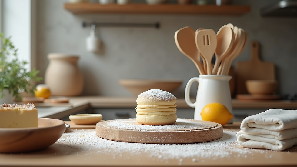 Close-up view of a neatly organized home bakery kitchen with baking tools and ingredients