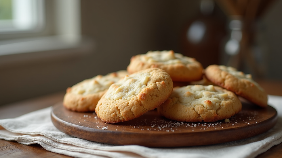 Close-up view of freshly baked cookies arranged on a rustic wooden table