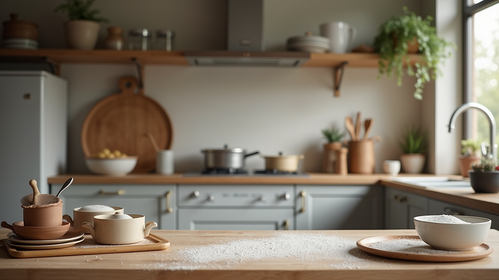 Eye-level view of a cozy home kitchen with baking tools neatly arranged