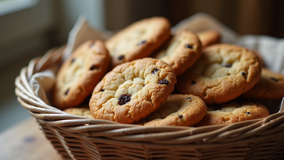 Close-up view of a rustic basket filled with assorted homemade cookies