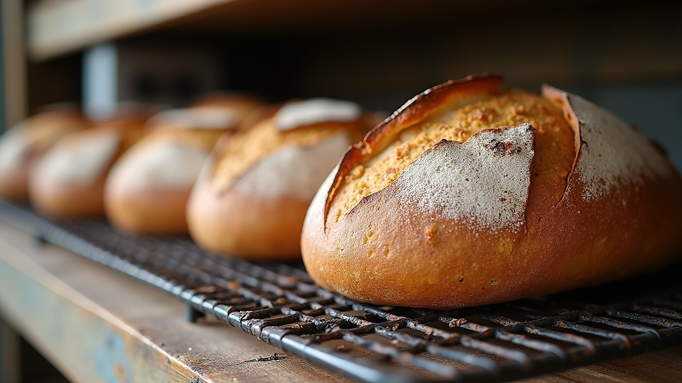 Close-up view of freshly baked rustic bread cooling on a wooden rack