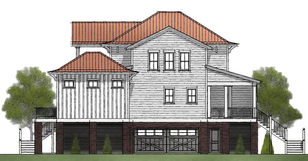 Thumbnail: Beautiful blend of hip and gable roof designs for a coastal appearance and multi roof design with shed roof accents. Southeast coastal style or lake home with adaptable foundation. Cement vertical siding and sloping ceilings.