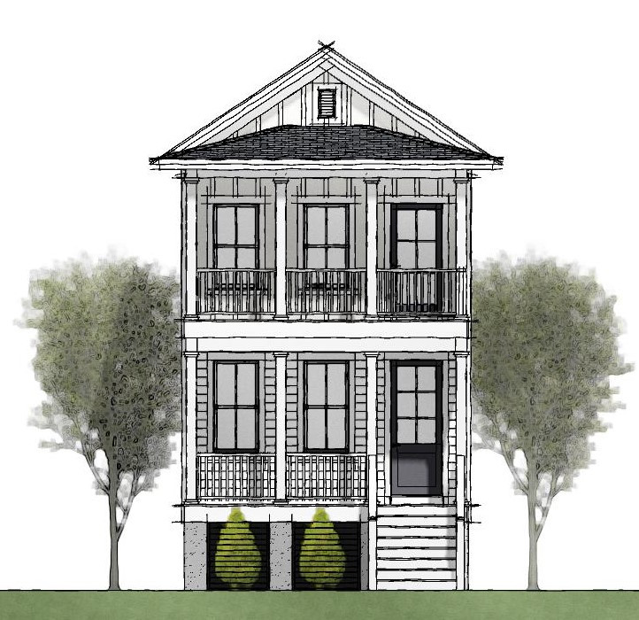 Horlbeck downtown narrow house plan for historic district design, row home style with Charleston Single style.
