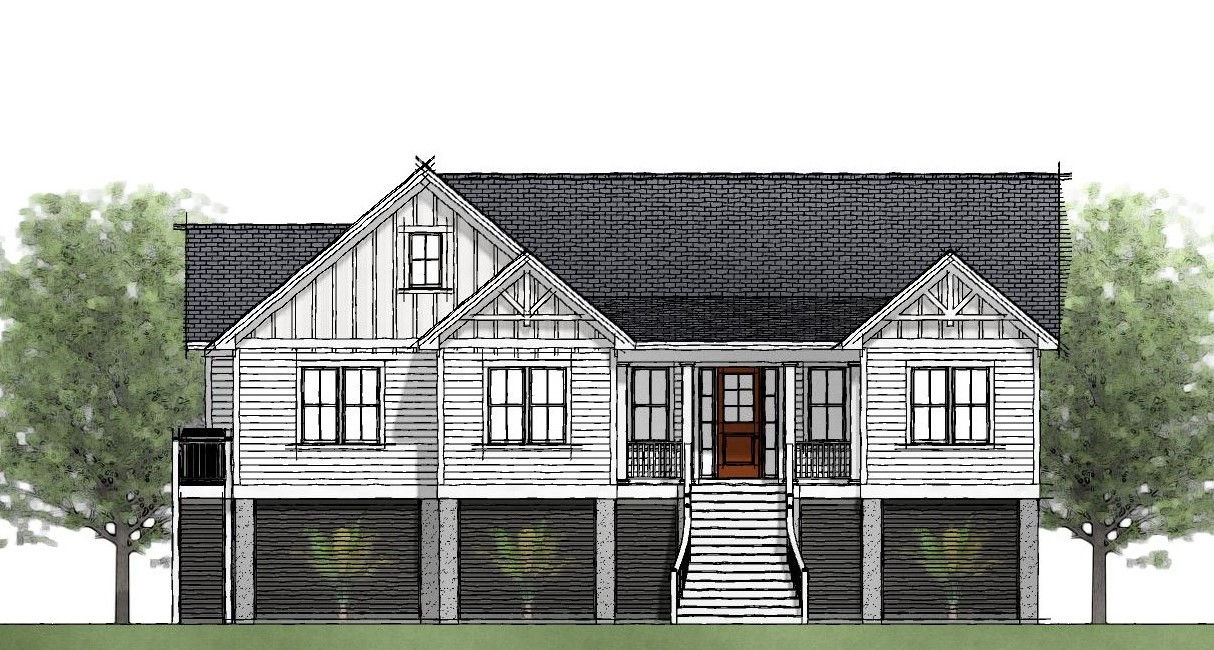 Birdsong single story elevated home for coastal flood zones in coastal southeast areas. Open floorplan with southern charm.