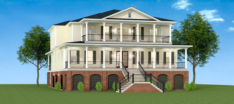 Thumbnail: Wide home plan with estate type appearance shutters on large front porch and brick arches on foundation openings. Coastal elevated home for coastal views and large families.