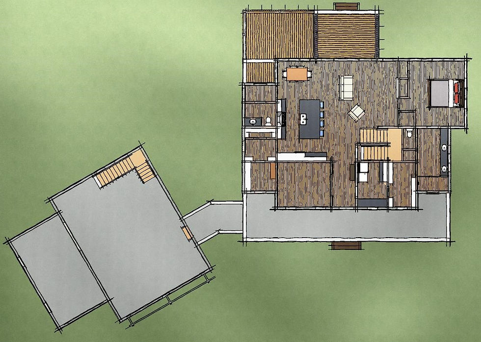 Thumbnail: craftsman coastal home with rear view floor plan and large kitchen with vaulted ceilings and open living. Detached Garage with apartment.