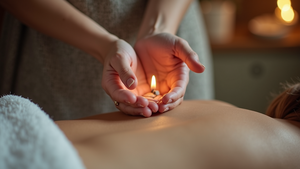 Close-up view of a person receiving Reiki healing with hands hovering above their body