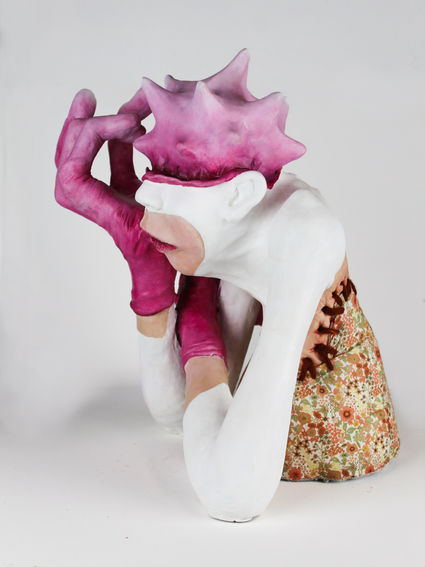 ceramic sculpture agnes fodor figurative art contemporary ceramics bizarre housewife pink gloves textile mixed media french bretagne