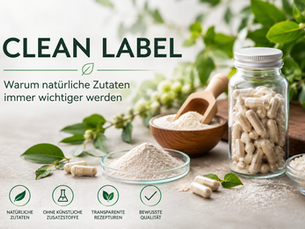 Glas mit Kapseln, Pulver und natürliche Pflanzenbestandteile als Symbol für Clean Label und transparente Produktentwicklung.